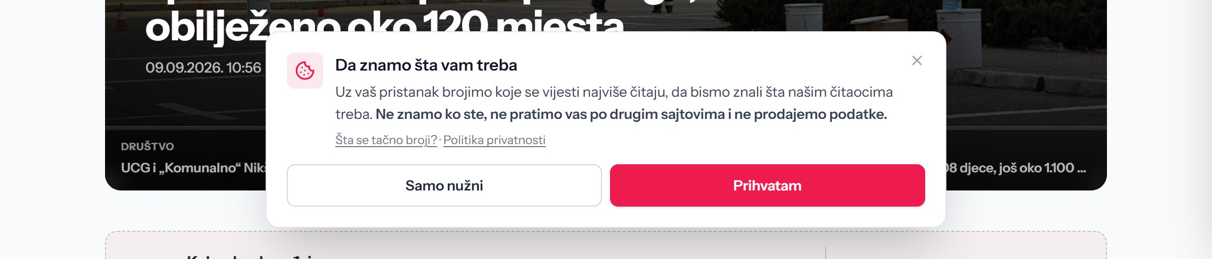 Traka za kolačiće na dnu portala