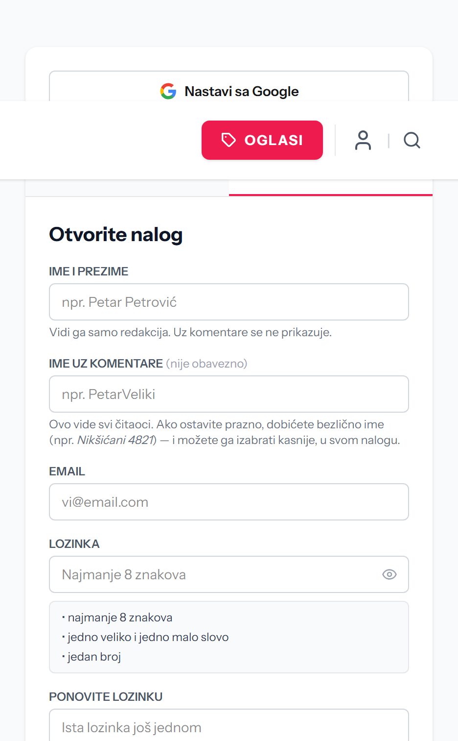 Prazna forma za otvaranje naloga
