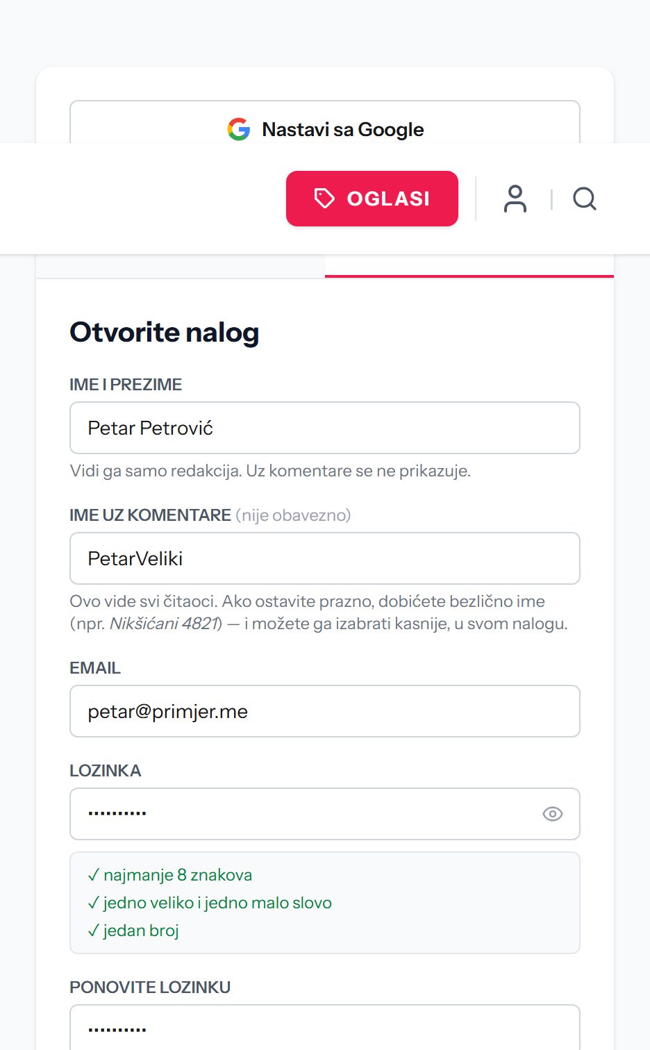 Popunjena forma za registraciju sa zelenim kvačicama