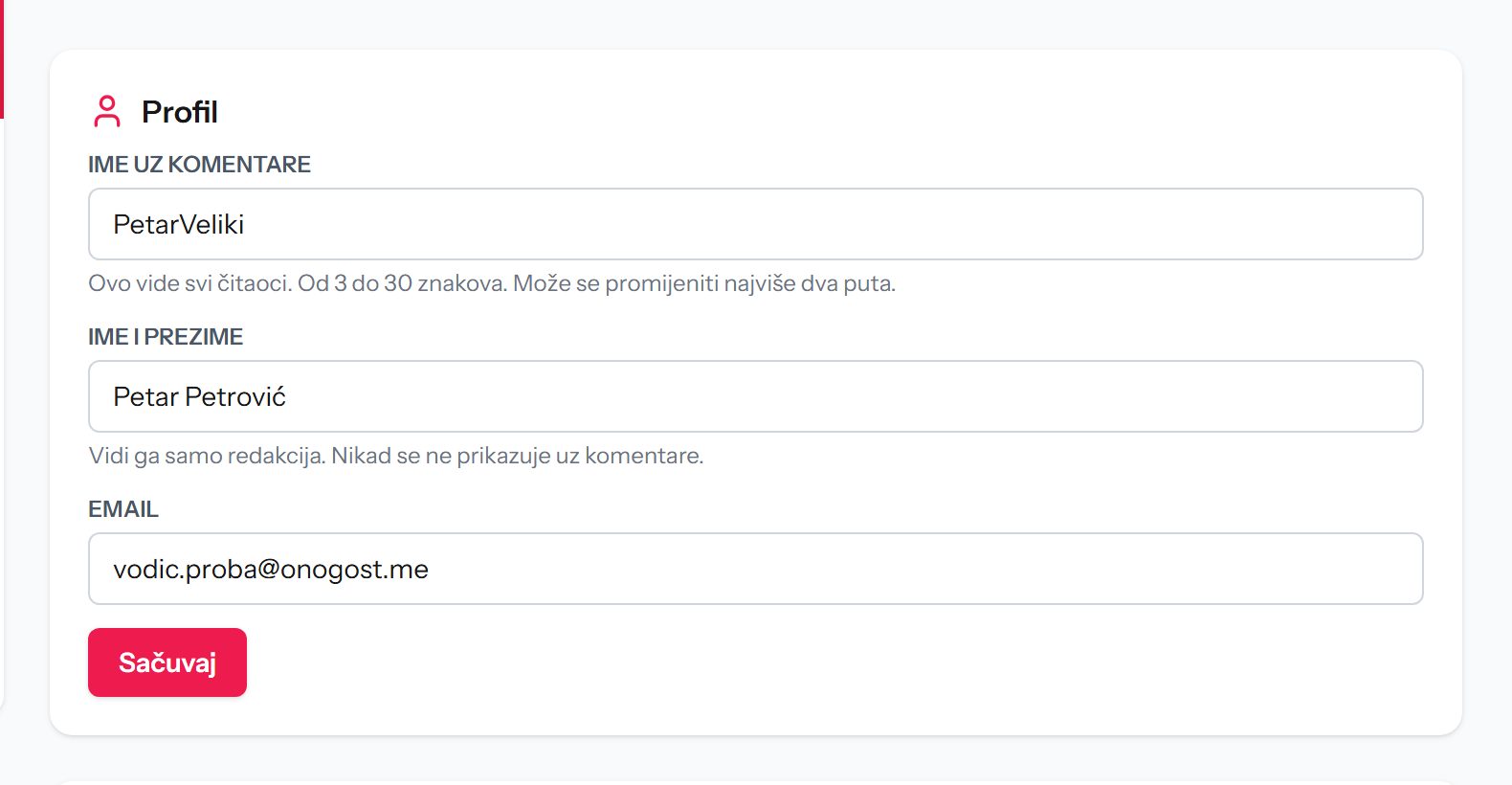 Podešavanja naloga sa poljem Ime uz komentare