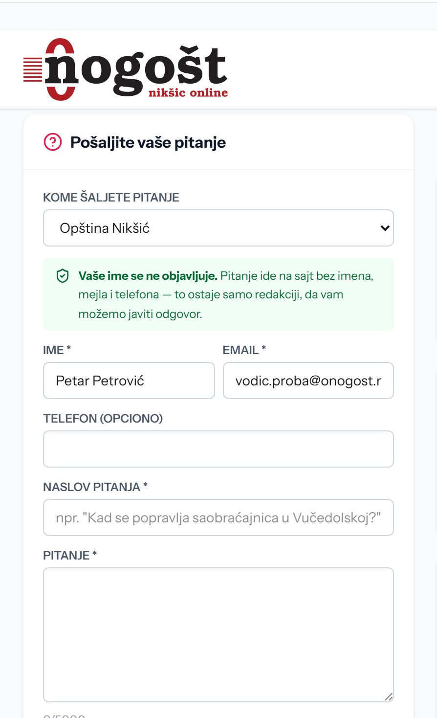Forma za pitanje nadležnima