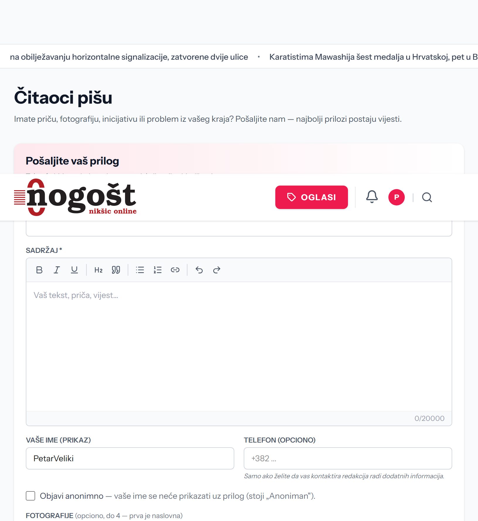 Forma za slanje teksta redakciji