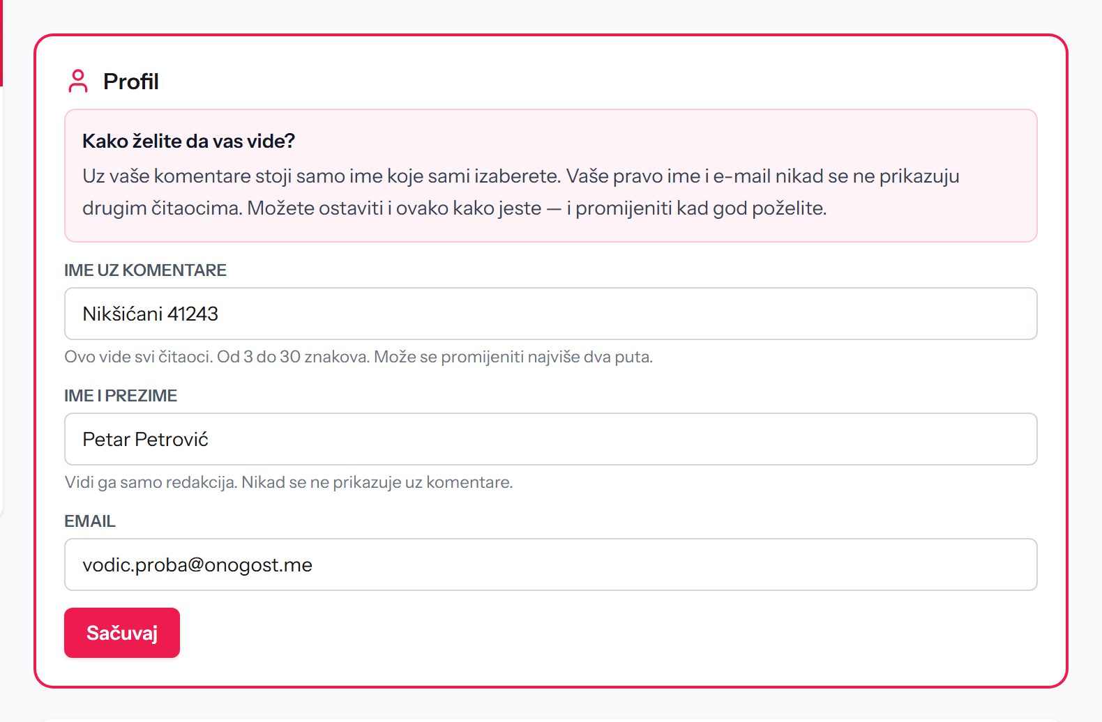 Izbor imena poslije prve prijave, na računaru