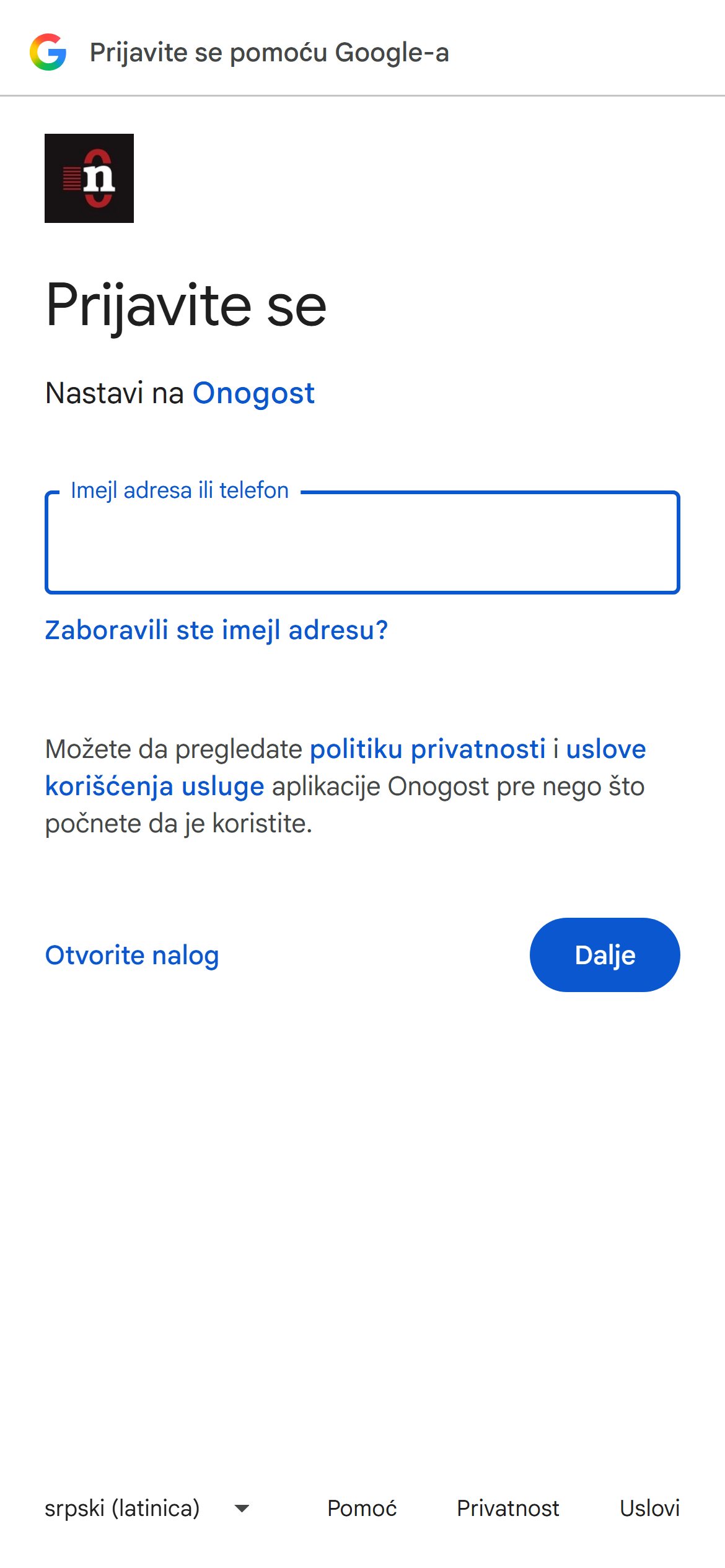 Googleov ekran za prijavu na telefonu